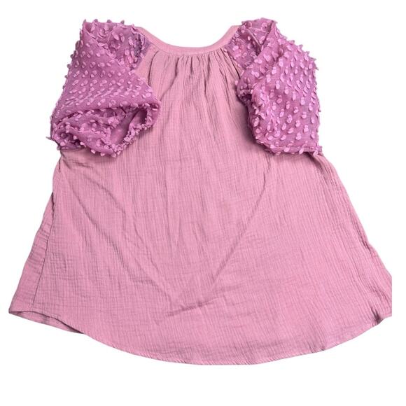 Umgee Women’s M Pink Cotton Top Puff Dot Mesh Sleeves Boho Blouse - Picture 7 of 7